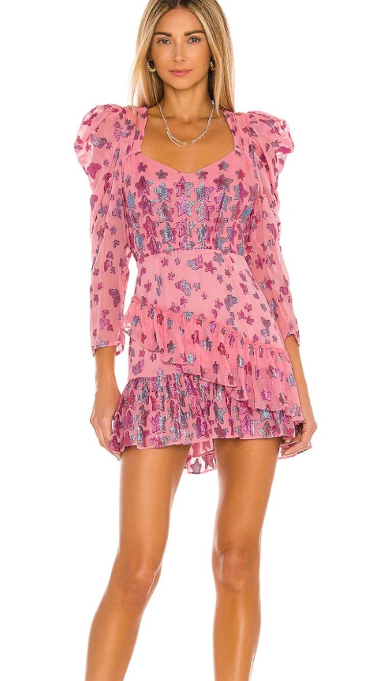 LoveShackFancy Millennial Pink Blue Metallic Star Print Caden Mini Dress Size 0